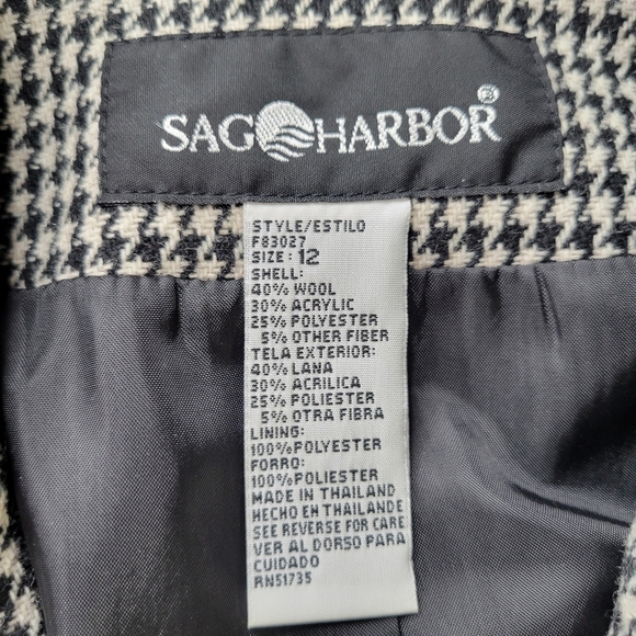 Sag Harbor Womens Blazer Size 12 Black White Houndstooth Velour Collar Long Wool - Picture 4 of 9